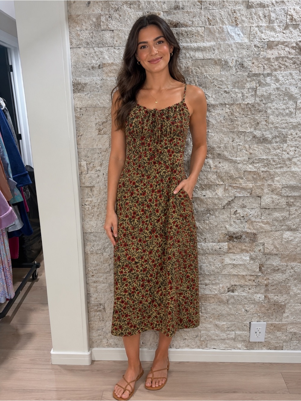Olive Floral Midi Dress with Adjustable Spaghetti Straps